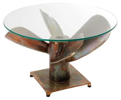 Productafbeelding van Ronde salontafel ALUMIA 70 cm gehard glas en aluminium koper afwerking - industrieel ontwerp helix