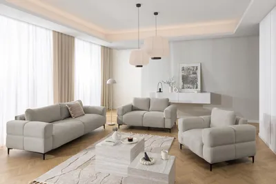 Produktbild von Cardea - Moderne Polstergarnitur 3+2+1 in Bubble-Optik aus weichem Taupe Strukturstoff mit hohem Sitzkomfort