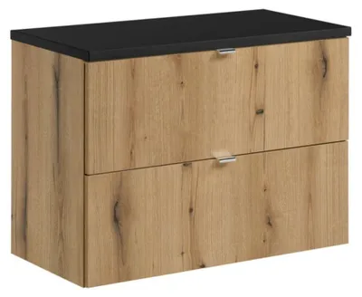 Productafbeelding van Hangend badkamermeubelset VANO eiken en zwart 80cm: onderkast met lades + blad voor wastafel