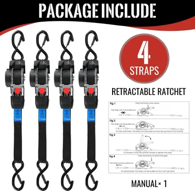 Zdjęcie produktu dla Paski napinające z zapadką – samozwijające się, zestaw 4 sztuk – 25 mm x 3 m – nośność 137 kg na pasek – 100% poliester – niebieskie