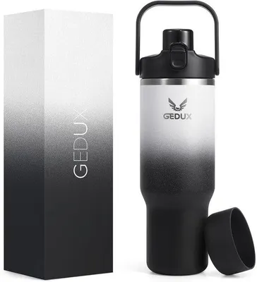 Produktbild von Silikon Wasserflasche mit 2-in-1 Verschluss (Mundstutzeinsatz/Trinkhalm) und Griff, vakuum-isolierte 1000ml Wasserflasche mit Silikonboden