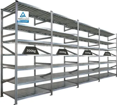 Produktbild von Fachbodenregal PROXIMO mit  Stecksystem | Komplettregal | HxBxT 240x480x60cm | 7 Ebenen | Beidseitig nutzbar | Verzinkt