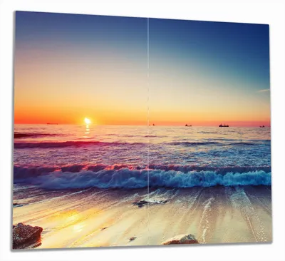 Produktbild von Wallario Herdabdeckplatte aus Glas, Größe 60 x 52 cm 2-teilig, Motiv Sonnenuntergang am Meer mit Wellen am Strand