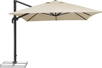 A cantilever umbrella with a beige canopy and black frame, shown against a white background.