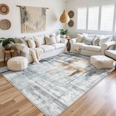 Produktbild von Modernes Designer Teppich Kurzflor Grau/Gold 160x200cm Waschbar