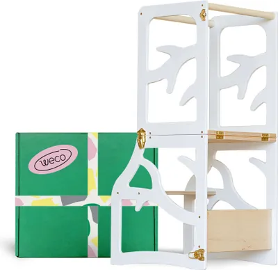 Produktbild von Weco Montessori Kinder Lernturm 2 in 1 Baum Design Tritthocker Zertifikat Schreibtisch Montessori Möbel Küchenhelfer klappbar Stylisch Kippschutz
