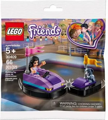 The image shows the packaging of a LEGO Friends set, featuring a bumper car scene with a minifigure and a dog.