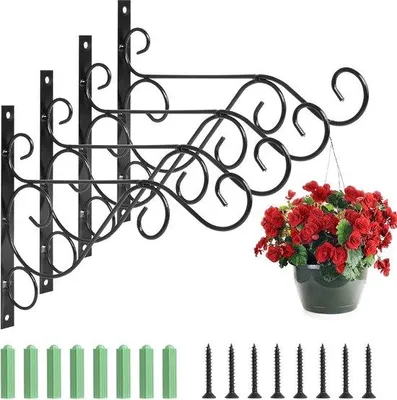 Immagine prodotto di Set da 4 ganci da parete in ferro, ganci metallici per piante, supporti da parete per piante con viti, per piante da giardino, lampione, campanellino eolico (nero)
