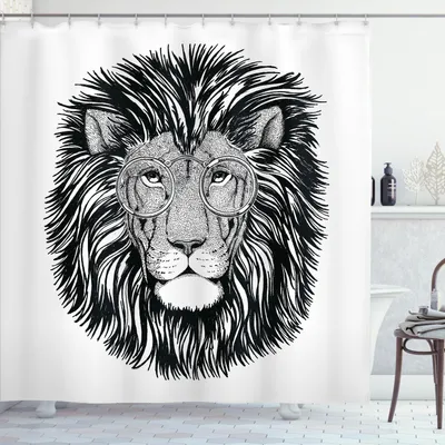 Produktbild von ABAKUHAUS Indie Duschvorhang, Wilder Hippie-Löwe ​​mit Gläser-kluger großer Katze Clever Intelligent Animal Portrait, 175 x 180 cm, Schwarz und weiß