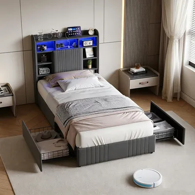Image de Lit tapissé INONEFT, modèle boxspring, 90x200 cm, avec éclairage LED et ports USB/C. Lit simple avec structure et deux tiroirs, tête de lit avec compartiment ouvert. Lit pour adolescents, couleur gris, revêtement en lin