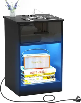 Produktbild von Nachttisch mit Steckdose & USB,LED Schwarz Hochglanz Nachtkommode,Smart Nightstand,Beistelltisch Kommode Sofatisch für Schlafzimmer 40x35x60cm