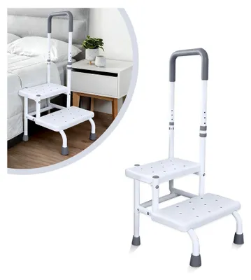 Produktbild von Zweistufige Badewannentreppe mit Griff, Treppe zum Ein- und Aussteigen aus der Badewanne, stabile Stufen für Senioren, 5-fache Höhenverstellung, belastbar bis 136 kg