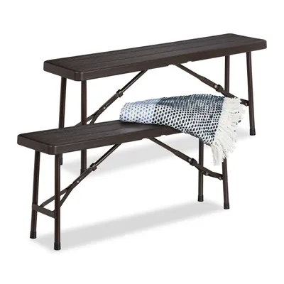 Produktbild von Relaxdays Bierbank 2er Set, faltbar, für Terrasse & Garten, Holzoptik, Kunststoff Campingbank HBT: 42x100x25 cm, braun