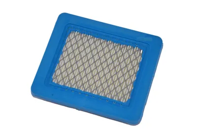 A rectangular air filter with a blue rubber frame and a gray mesh filter element, isolated on a white background.
