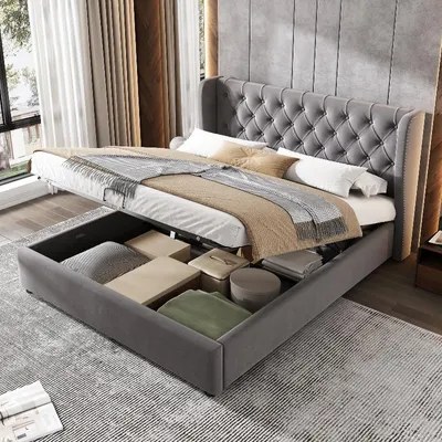 Immagine prodotto di Letto imbottito 140x190 cm, grigio, con rivestimento in velluto, contenitore a sollevamento idraulico e rete a listelli, ideale per la camera da letto