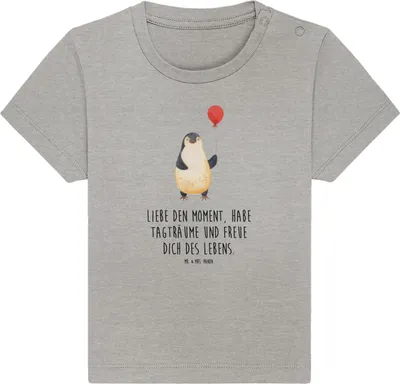 Produktbild von Mr. & Mrs. Panda  T-Shirt Pinguin Luftballon 24. - 36. Monat - Heather Grey - Geschenk, Baby Jerseyshirt, Liebe, Beste Freundin, Glück, Kinder Shirt, Lebenslust, Top