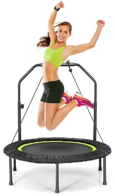 Immagine prodotto di TRAMPOLINO FITNESS, diametro 101 cm, pieghevole, capacità di carico fino a 150 kg, con maniglia regolabile in altezza e 2 elastici di resistenza, colore verde