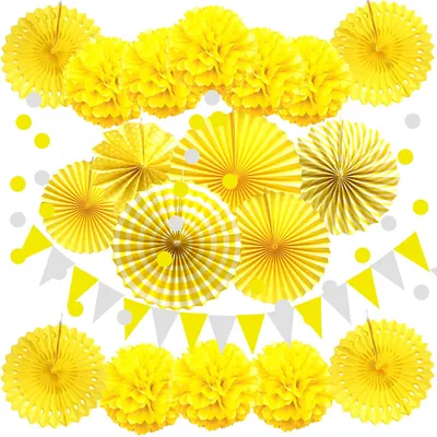 Produktbild von Party Dekoration Set - Papier Pompoms Fächer Wimpel und Glitter Girlande - Zum Aufhängen - Gelb
