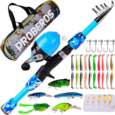 Obrázek produktu pro (1,8 m, modrá) Dětský rybářský prut - dětský rybářský naviják Combo Starter Kit - s krabičkou na náčiní, cvičnou zátkou, příručkou pro začátečníky a cestovní taškou