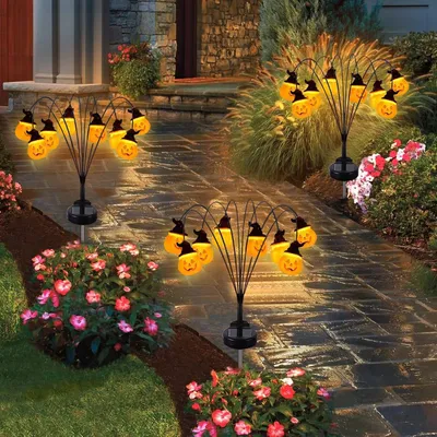 Produktbild von LED Solar Kürbis Gartenstecker Halloween Deko Solarlampen Außen, Solarleuchten Party Kürbislaterne Warmweiß IP65 Wasserdicht für Garten Rasen Hof Weg