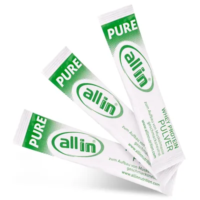 Produktbild von all in® PURE Whey Protein Pulver | 5 g Stick | geschmacksneutral | Whey Protein | ohne Zuckerzusatz & Süßstoff | hochwertiges Molken Eiweißpulver