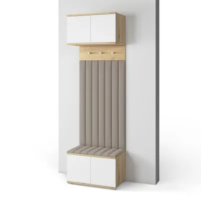 Produktbild von Garderoben-Set Aura Version 11: Schuhschrank mit Polsterpaneelen, Hängeschrank für Flur und Eingangsbereich (Weiß / Eiche Artisan/Trinity 05)
