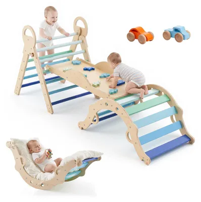 Produktbild von Kletterdreieck Kinder - 9-in-1 Montessori Kletterspielzeug - Mit Rutsche & Kletterbogen - Inkl. Holzautos & Kissen - Indoor Spielset - Belastbar bis 68 kg - Blau