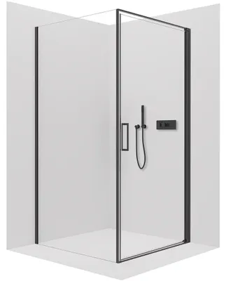 Zdjęcie produktu dla szkło ceramiczneO – Kabina prysznicowa Porte L/P – 8 mm – czarna matowa, szkło przezroczyste – 80 x 80 x 195 cm – obrotowa