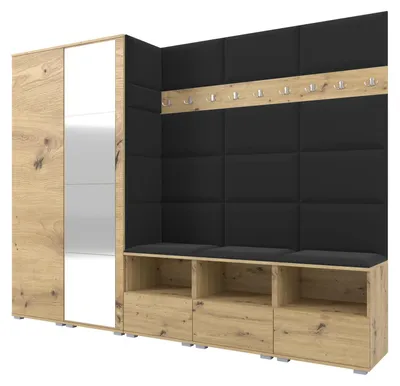 Obrázek produktu pro Šatní skříň NELA VII 250 cm – modulární nábytek do předsíně XL Artisan, dub s zrcadlem a černým sedákem 16 (univerzální)