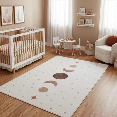 Produktbild von Carpetsale24 Kinderteppich Mondphasen für Kinderzimmer in Creme mit Boho Design Größe 160x230 cm perfekt für große Kinderzimmer