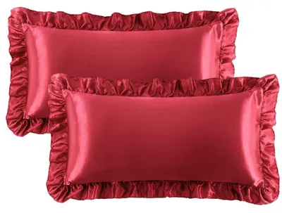 Immagine prodotto di Set di 2 federe in raso con volant, chiusura tipo hotel, colore bordeaux, 40x80 cm