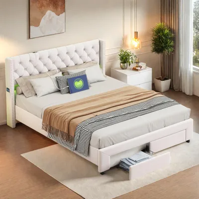 Image de Fortuna Lai Lit rembourré 160x200 cm, lit double rembourré avec espace de rangement, 2 tiroirs, LED, USB, velours, beige