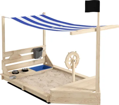 Produktbild von Outsunny Sandkasten Sandkiste groß mit Abdeckung im Schiff Design Matschekiste aus Holz Segelschiff Spielhaus mit Küchenspielset Aufbewahrung für Kind