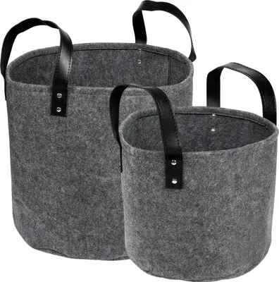 Produktbild von Schramm® 2 Stück Filztaschen mit Kunstledergriffen ø34cm, ø 25cm Filzkorb Holzkorb wählbar in dunkelgrau oder schwarz Filzkorb Zeitungskorb, Farbe:dunkelgrau