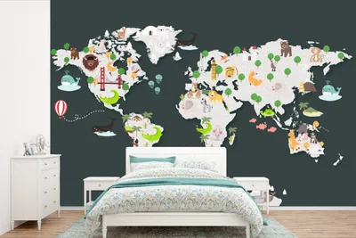 Produktbild von MuchoWow® Fototapete für Wohnzimmer oder Schlafzimmer Wandtapete Vinyl Motivtapete Weltkarte - Kinder - Tiere - 420x280 cm - Zimmer für Kinder