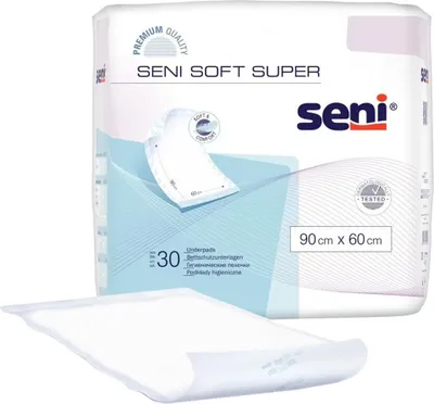 A package of Seni Soft Super underpads, with one pad shown in the foreground.