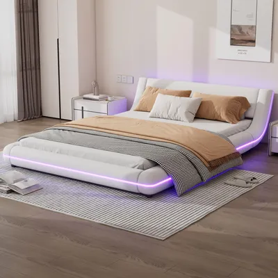 Produktbild von okwish Polsterbett Doppelbett 140 x 200 cm mit LED-Umgebungslicht, Funktionelles Flachbett Bodenbett(Ohne Matratze)-weiß