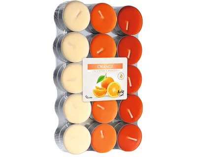 A package of 30 orange-scented tea lights.