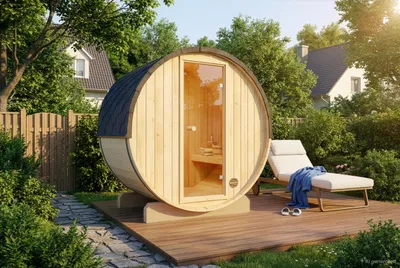Produktbild von FinnTherm Fasssauna Mini XXS 199x130cm Naturbelassen 42mm Wandstärke
