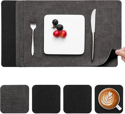 Produktbild von PolkaHome® Platzset aus Kunstleder und Untersetzer, Tischset wasserdicht, abwischbar, doppelseitig, rutschfest, waschbar, 4er-Set, Grau