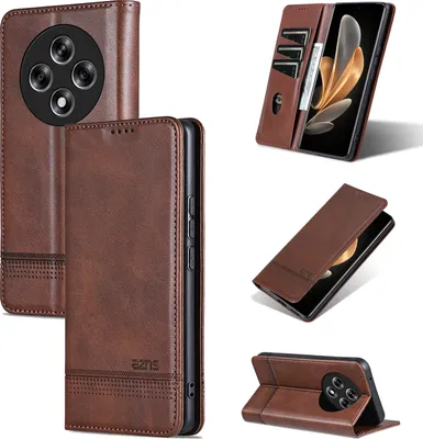 Image de Etui en cuir pour Oppo Reno12 F, étui portefeuille pliable avec fermeture magnétique et support Café