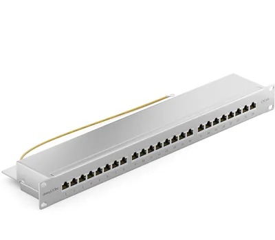 Produktbild von deleyCON CAT 6a Patchpanel Verteilerfeld 24 Port - Desktop 19" Zoll Rackeinbau Servermontage RJ45 Geschirmt - TIA568A TIA568B - Lichtgrau