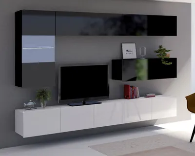 Produktbild von Wohnwand Amanda III Schrankwand mit Vitrine zwei tv-Schränke Oberschrank Gesamtbreite 255cm (Schwarz matt + Schwarz Hochglanz Fronten / Weiß matt + Weiß Hochglanz Fronten)