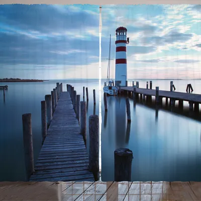 Produktbild von ARANDE maritim Gardine, Ruhiges Meer Bei Dem Sonnenaufgang Holz Rustikal Pier Und Leuchtturm Bild, 280 x 245 cm, Dunkelbraun Blaugrau