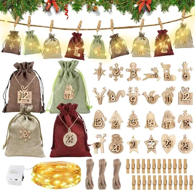 Adventskalender zum Befüllen, 24 Taschen, mit Lichterkette 2 m