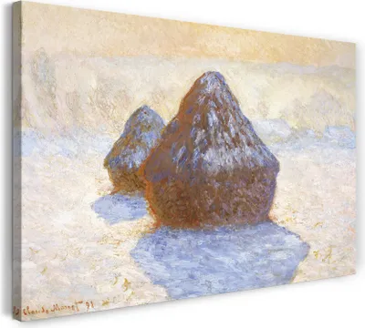 Produktbild von Leinwandbild (120x80cm): Claude Monet - Heuschober Schneeeffekt, echter Holz-Keilrahmen inkl. Aufhänger, handgefertigt in Deutschland