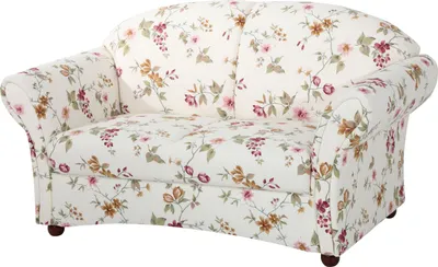 A floral patterned sofa is shown against a white background.
