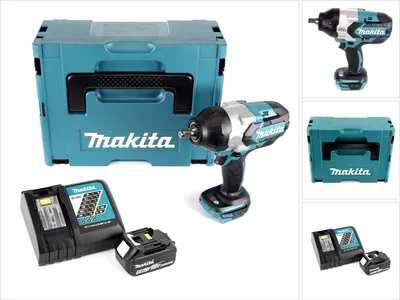A collage of images showing a Makita impact wrench, its case, batteries, and charger.