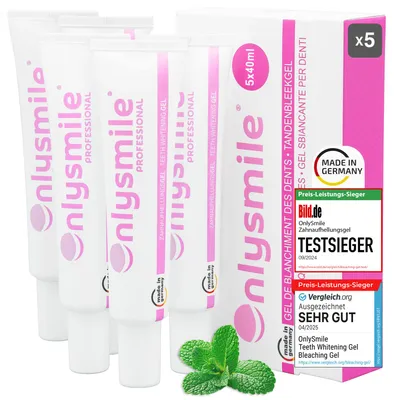 Image de Gel blanchissant OnlySmile pour dents sensibles, conçu pour lutter contre les taches, fabriqué en Allemagne, format : 5 flacons de 40 ml