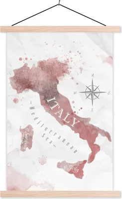 Produktbild von MuchoWow® Textilposter Karte - Italien - Aquarell - Rosa 120x180 cm mit holzfarbenen Rahmen - Textil-Plakat